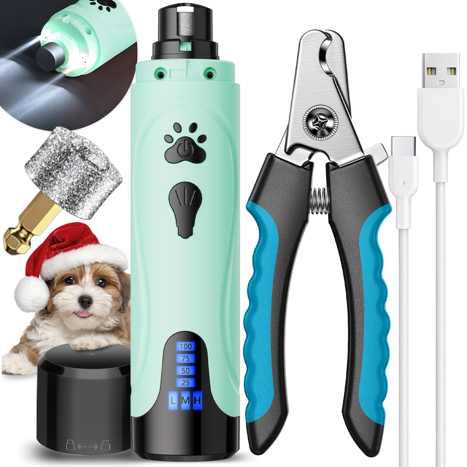 YABIFE Dog Nail Grinder, Dog Nail Trimmers and Clippers Kit, Super Quiet, Rechargeable, for Small Large Dogs & Cats Toenail & Claw Grooming,3 Speeds-Minty Breeze