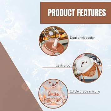 Kawaii Water Bottle with Straw and Strap, 1L Cute Bear Water Bottles Portable Leakproof BPA-Free Plastic Drinking Cups for Kids Girls Women Sports Camping Picnic Hiking Travel, Sports