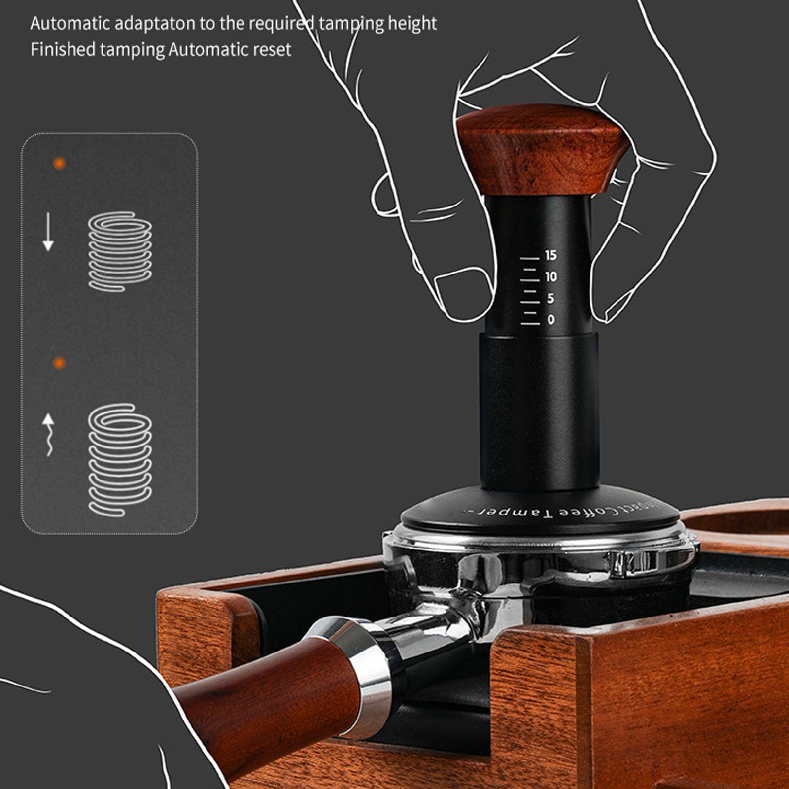 Wakects Ubijak do Kawy Sprężynowy Ubijak do Kawy Aluminium Stal Nierdzewna i Lite Drewno Ergonomiczny Uchwyt o Stałym Ciśnieniu 100 Mm dla Domowych Baristów Kolba (58MM)