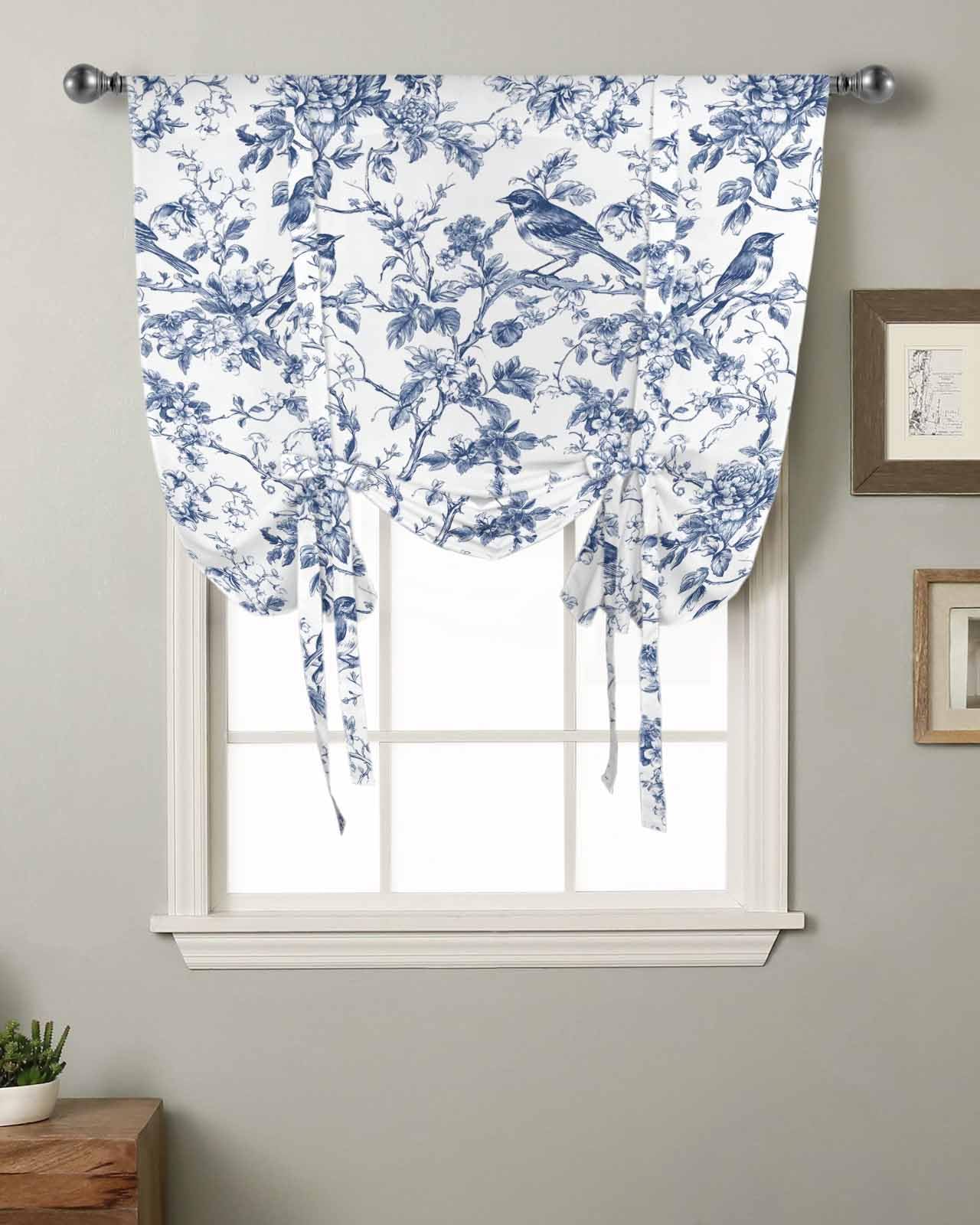 Vintage Blue Birds Tie Up Curtains for Windows 63 Inch Length Balloon Curtains Kitchen Adjustable Balloon Window Shade Retro Branch Floral Flowers Tie Up Valance Bathroom Curtain Window 42