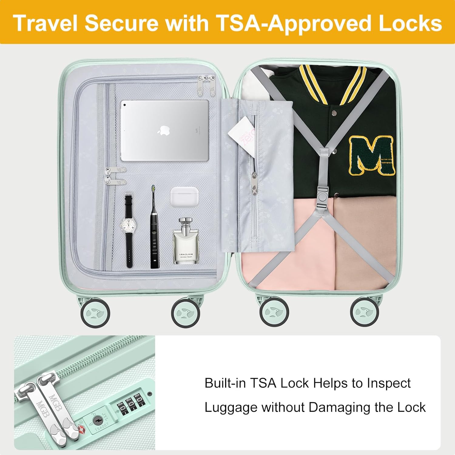 MGB Carry On Luggage with Wheels, 22x14x9 Airline Approved Carry-on Luggage, PC Hardside Suitcase, TSA Approved Carryon Lightweight Suitcases for Travel with 360°Double Spinner Wheels