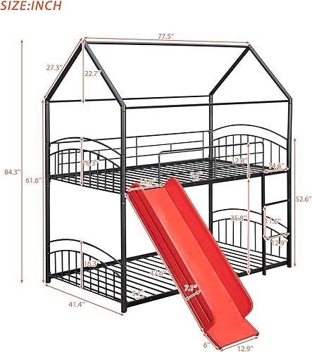 Miniatura 2 de Harper & Bright Designs Litera de metal individual sobre individual con tobogán, litera de casa con tobogán y techo, marco de litera baja para