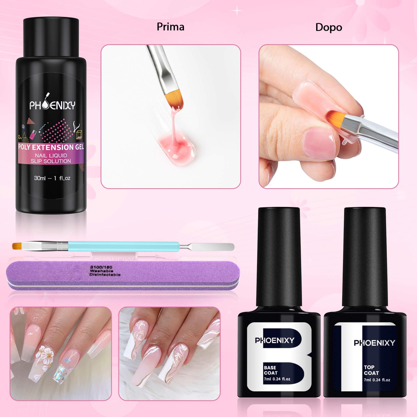 Phoenixy Kit Unghie Gel Completo 6 Colori 15 ML Gel Ricostruzione Unghie Rosa Viola Base Coat e Top Coat Kit Ricostruzione Unghie Principiante Arti delle Unghie Fai Da Te Lime per Unghie