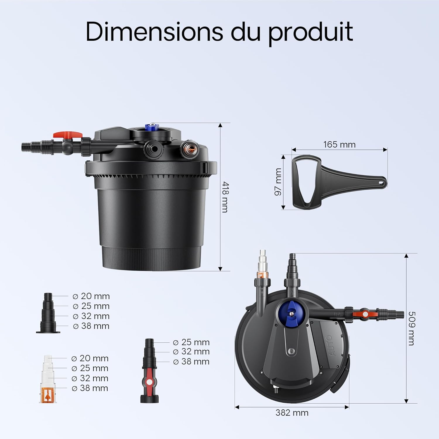 Technical diagram showing the dimensions of the SunSun CPA-5000 filter, including height, width, and various connection sizes.