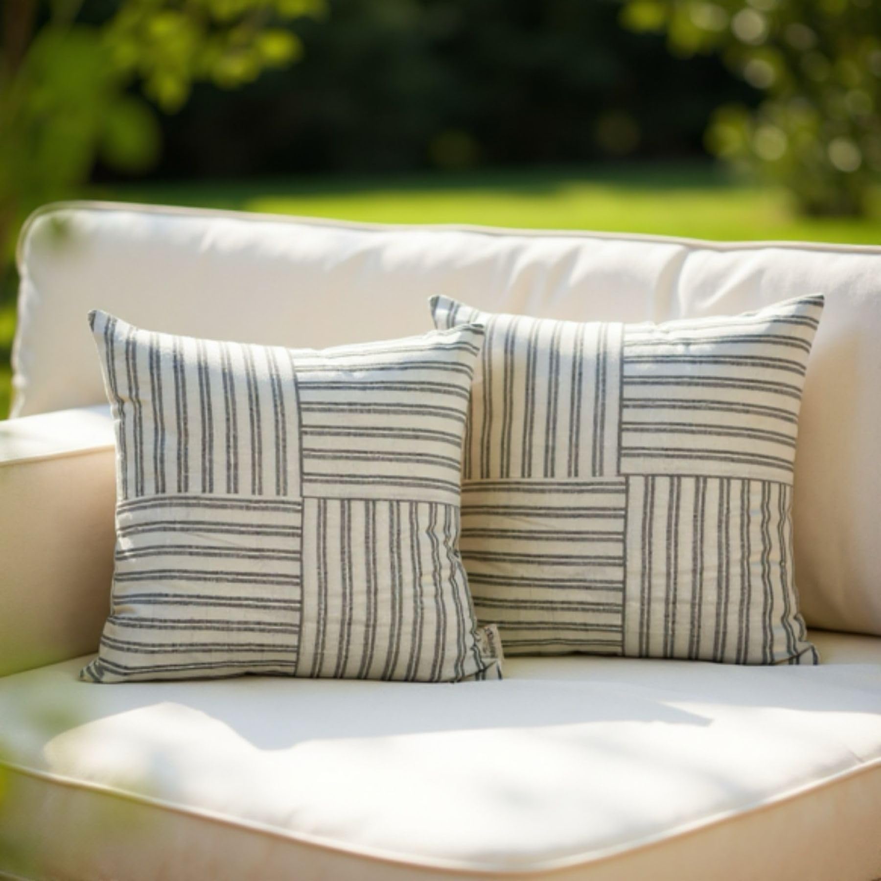HOME PRIDES 100% Cotton Cushion Covers 45x45cm – Set of 2 Square Decorative Throw Pillow Covers with Jacquard Weave & Hidden Zipper, 100% Sustainable for Sofa, Couch, Bed & Living Room, Striped Block