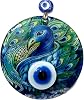 Peacock Patterned Fusion Glass Evil Eye Beaded Handmade 12 Centimeter Diameter Wall Decor