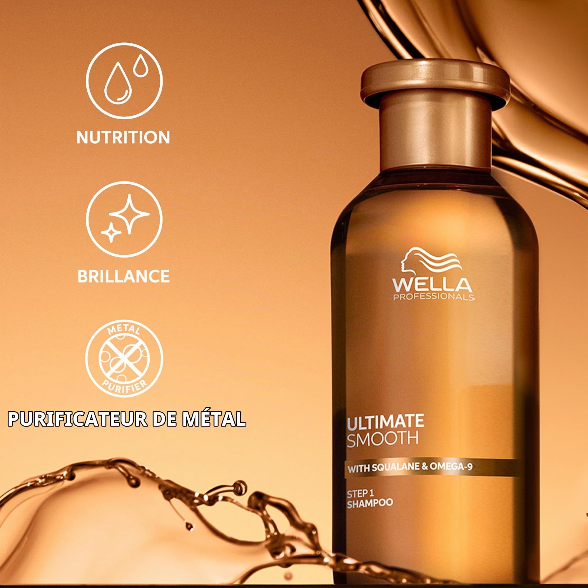 Wella Professionals Ultimate Smooth Shampoing - shampoing nourissant à base de squalane et d'oméga-9 pour cheveux secs, ternes et frisés (250ml)