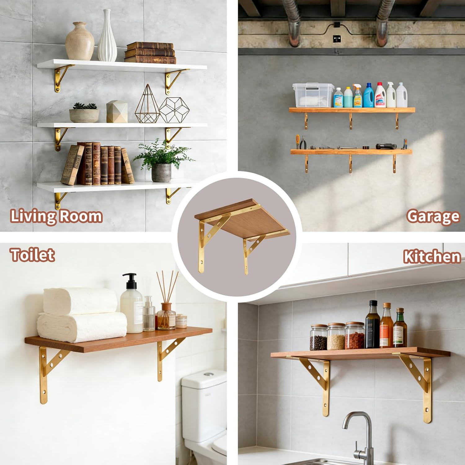 Smilecat Gold Heavy Duty Shelf Brackets, 8*5.5 Inch L Brackets for 8-10 Inch Wall Mount Shelves, Floating Shelf, 110 lb Max Load, 2 Pairs