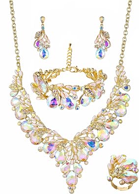Jewelry Set for Women, Statement Necklace Dangle Earrings Bracelet Ring, White/KC Gold Plated Jewelry Set with Rhinestone Pearl Crystal Wedding Party Jewelry for Bridal Bridesmaid