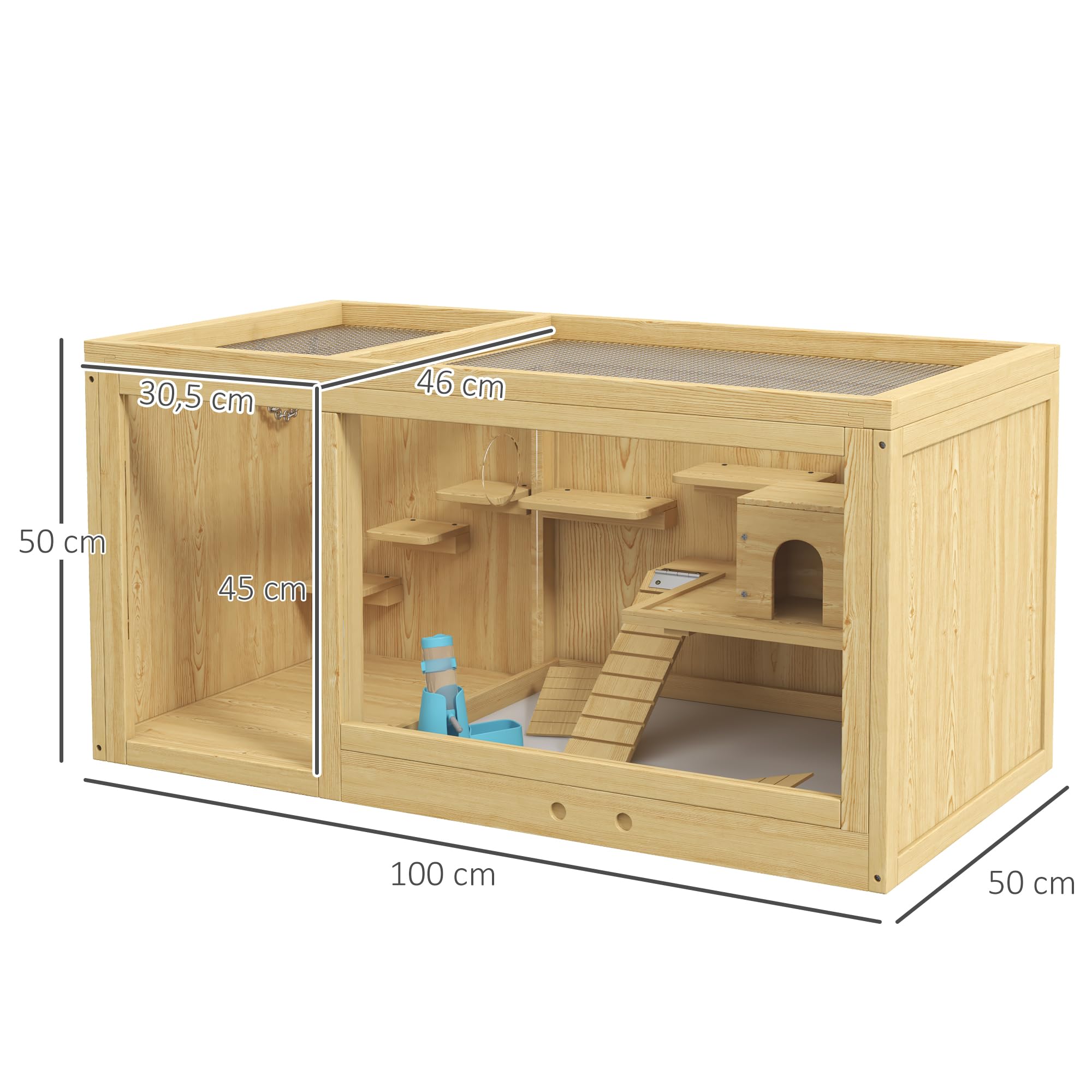 Jaula de madera para hámster PawHut, caseta para animales pequeños de 100 cm, jaula de juegos para jerbos jaula para roedores con columpios, escaleras, techo abrible, caseta, naturaleza