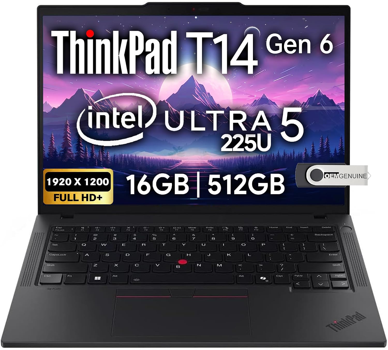 ThinkPad T14 Gen 6 Business Laptop 14" FHD+ IPS, Intel Ultra 5 225U, 16GB DDR5 RAM, 512GB SSD, 5MP HD Webcam, Fingerprint, Backlit, Wi-Fi 6E, 2 Thunderbolt 4, AI PC