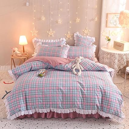 Amazon 布団カバーシングル 掛け布団カバー 特大チェック柄 コットンベッドセット 高級寝具セット 寝具スカート布団カバーセット 寝具寝室の女の子 2 0mベッド 寝具カバーセット オンライン通販