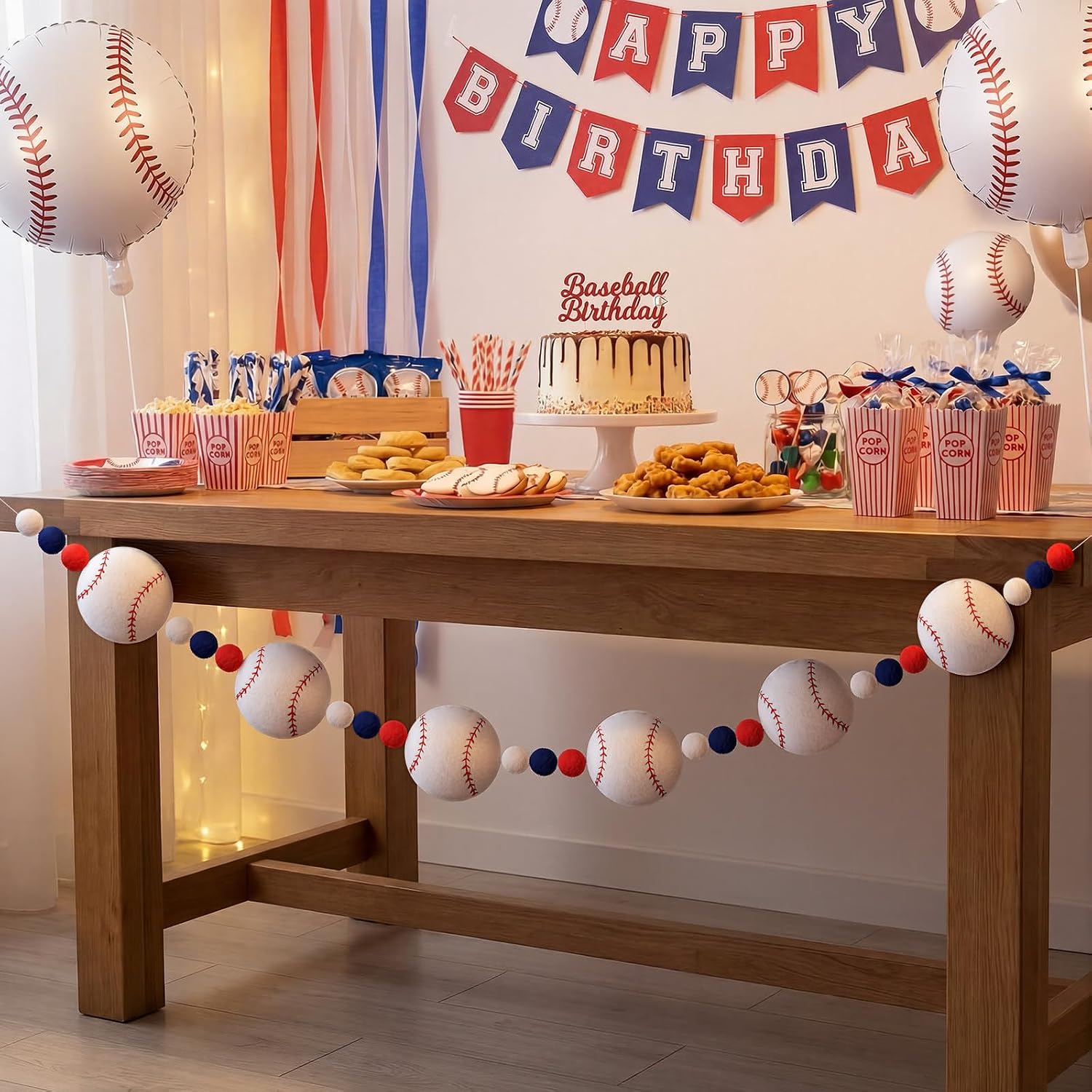 Moukeren Baseball Felt Garland Party Decoration 8.2 ft Red White Blue Pom Banner Include 6 Pcs 3.9 Inch Felt Baseballs and Pompoms for Sports Theme Birthday Party Supplies Baby Shower Decor
