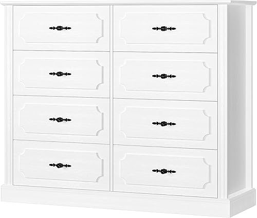 Miniatura 7 de finetones Cómoda blanca con 8 cajones de madera con asas de acero, cajones modernos para almacenamiento de piso para sala de estar, pasillo, oficina