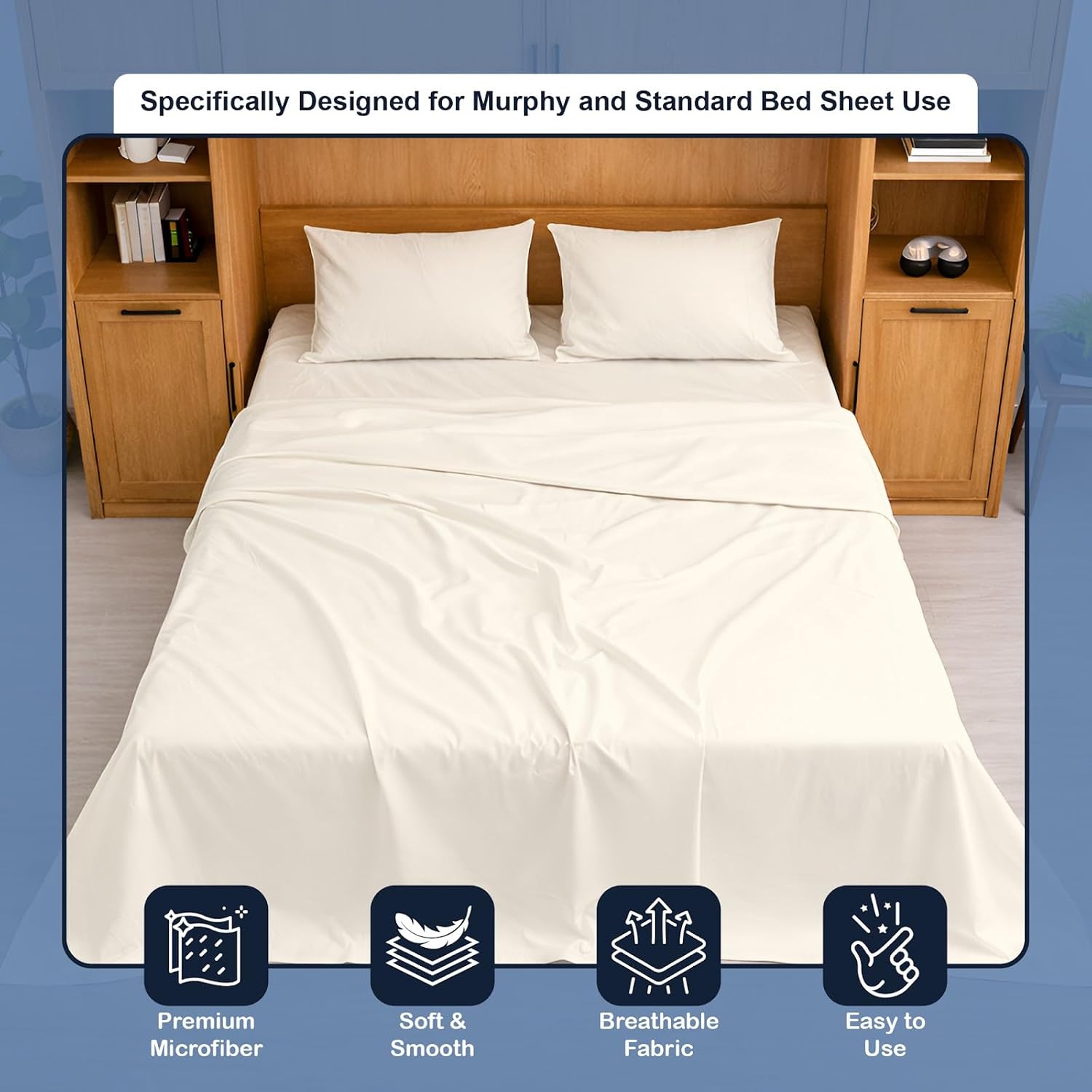 Cottington Lane Ivory Sheets for Murphy Bed Mattress, 4 Piece Premium 1800 Ultra Soft Brushed Microfiber Queen Size Wall Bed Sheet Set, 6-10 Inch Deep Pocket with All-Around Elastic