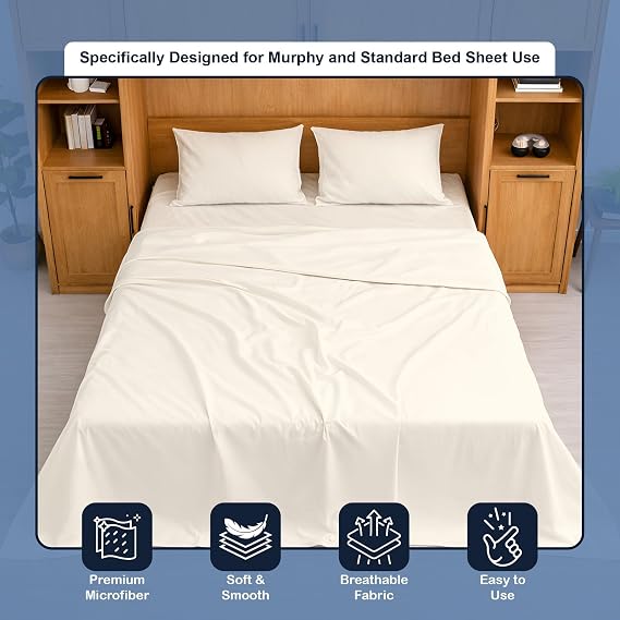 Cottington Lane Ivory Sheets for Murphy Bed Mattress, 4 Piece Premium Ultra Soft Brushed Microfiber Twin Size Wall Bed Sheet Set, 6-10 Inch Deep Pocket with All-Around Elastic