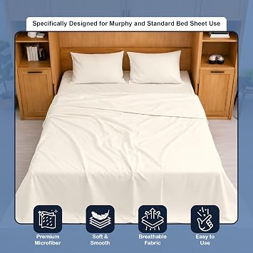 Cottington Lane Ivory Sheets for Murphy Bed Mattress, 4 Piece Premium Ultra Soft Brushed Microfiber Twin Size Wall Bed Sheet Set, 6-10 Inch Deep Pocket with All-Around Elastic