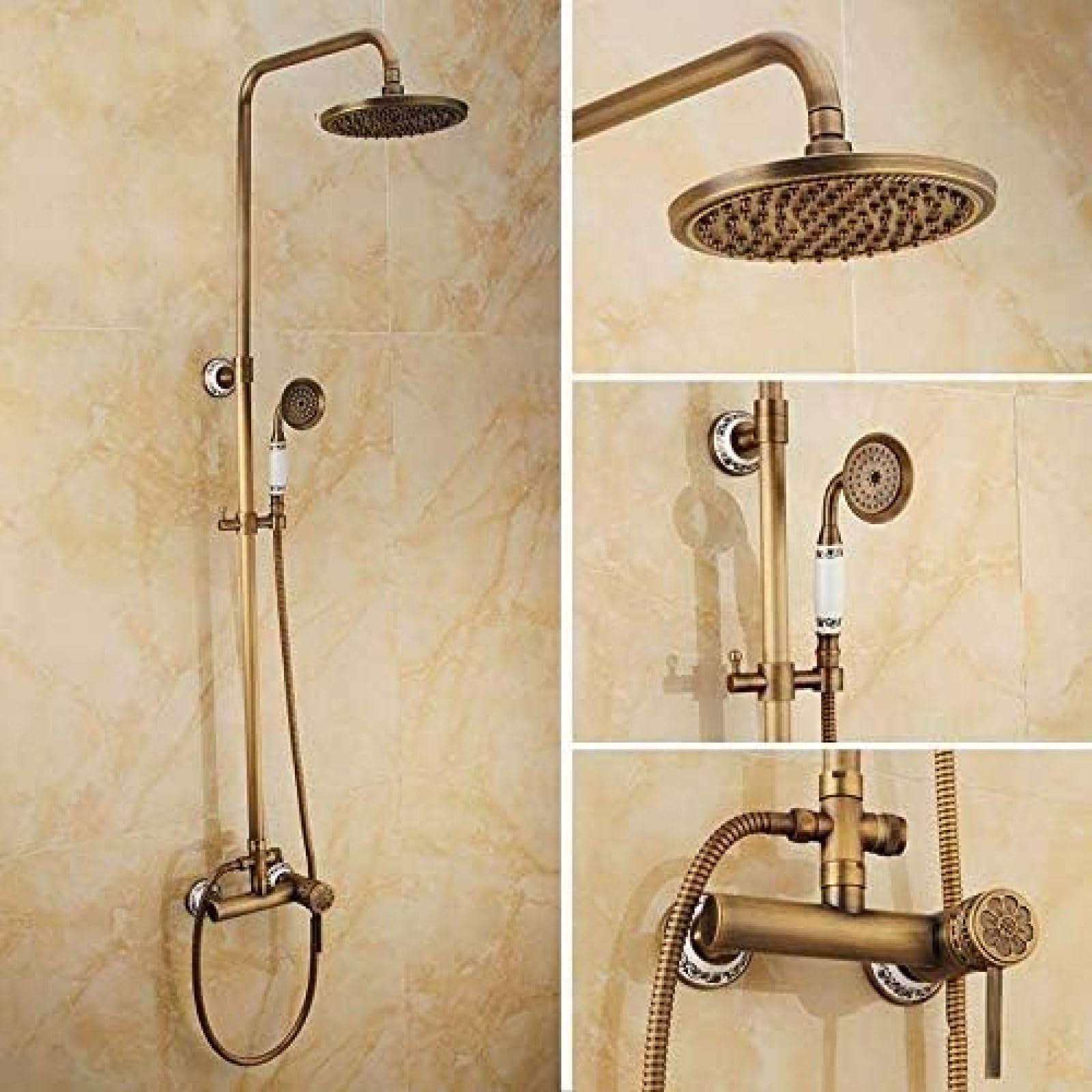 Colonne de douche rétro en laiton antique avec pommeau 8 pouces effet pluie
