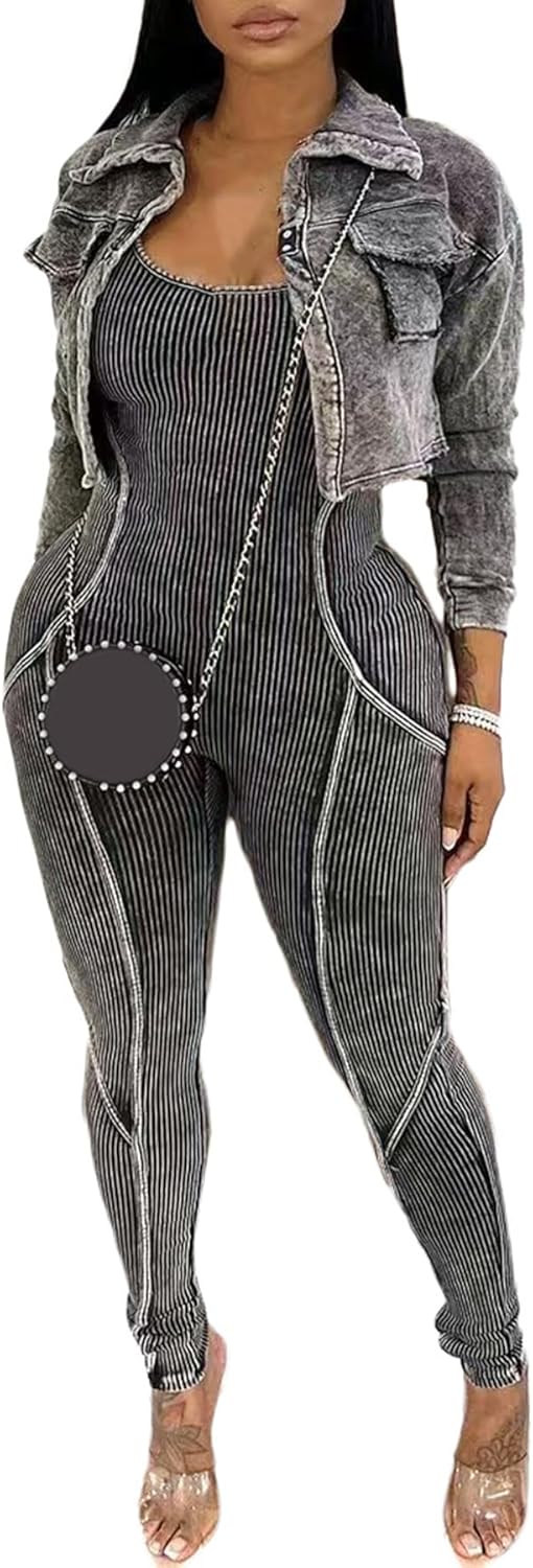 LAJIOJIO Bodycon 2 Piece Sets for Women,Long Sleeve Cropped Jackets and Ribbed Jumpsuit Party Outfits