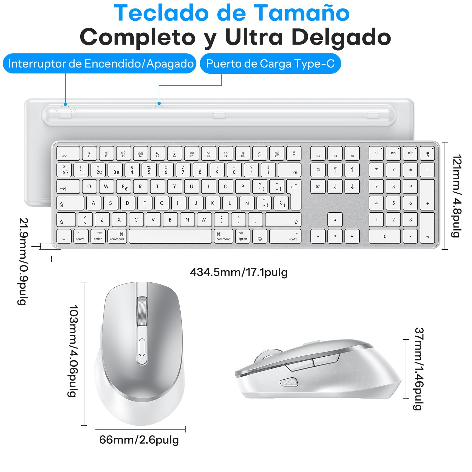 OMOTON Bluetooth Teclado y ratón para Mac, inalámbrico Teclado y ratón USB Recargables para Mac OS, Plateado
