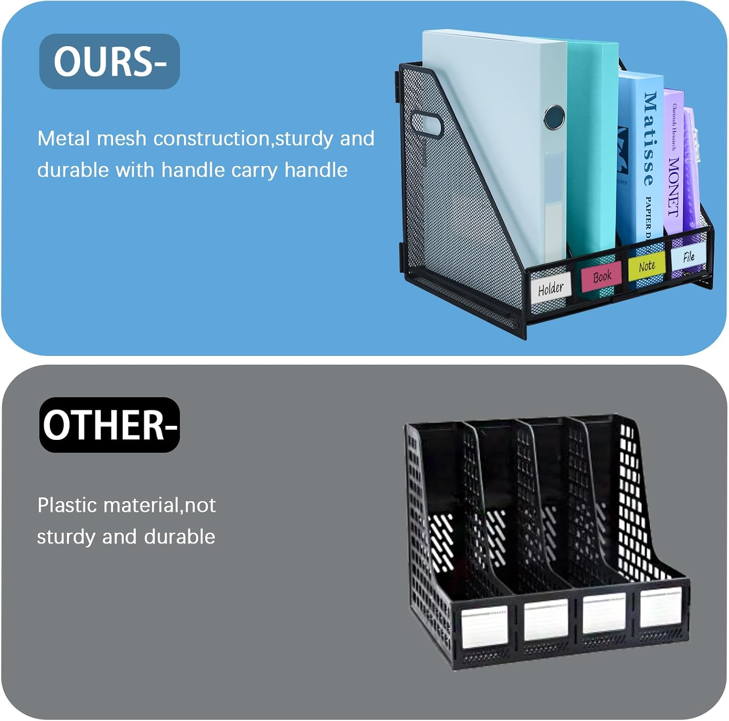 Desk Organizers Metal Magazine File Holder Racks Desktop Folder Storage Binder Organiser Document Organization for Home Office & Classroom,4 Vertical Compartments image 4