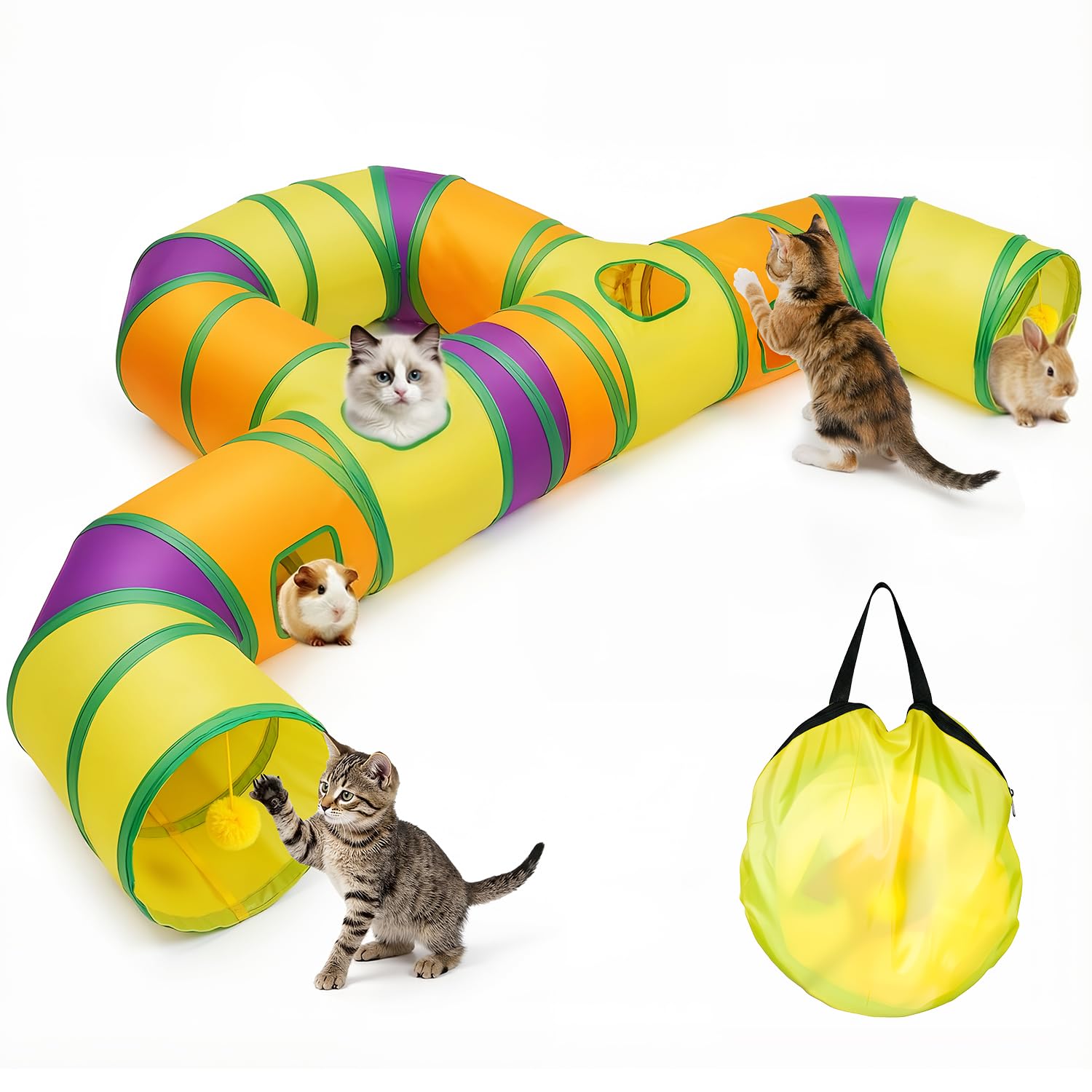 Tunnel de Jeu pour Chat Interieur, Jouer Tube pour Chat avec Pompons Suspendus et Trou interactif pour Chatons, Chiots, Lapins, furets, cochons d'Inde
