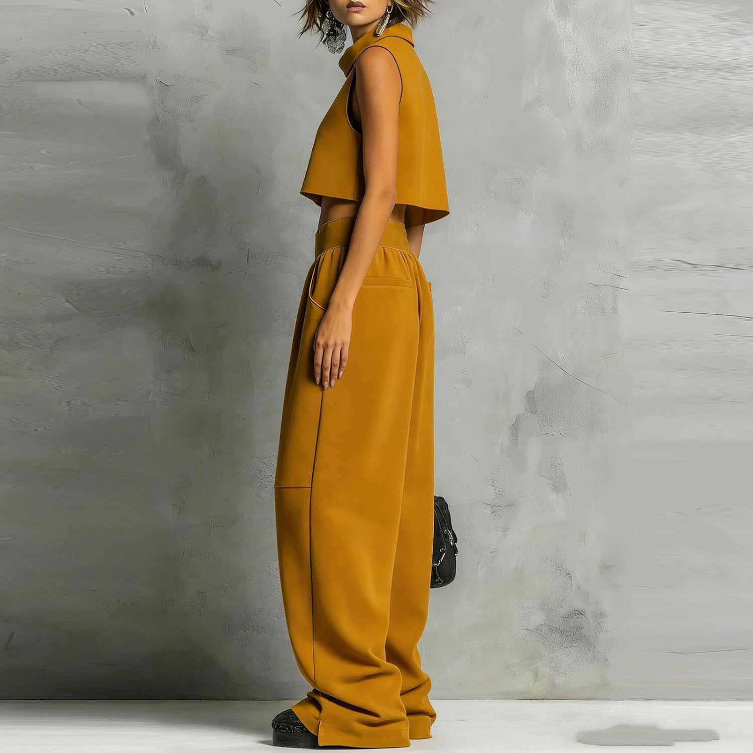 Women Fashion Casual Outfit 2 Piece Sleeveless Turtleneck Crop Top and High Waist Baggy Wide Leg Pants with Pockets