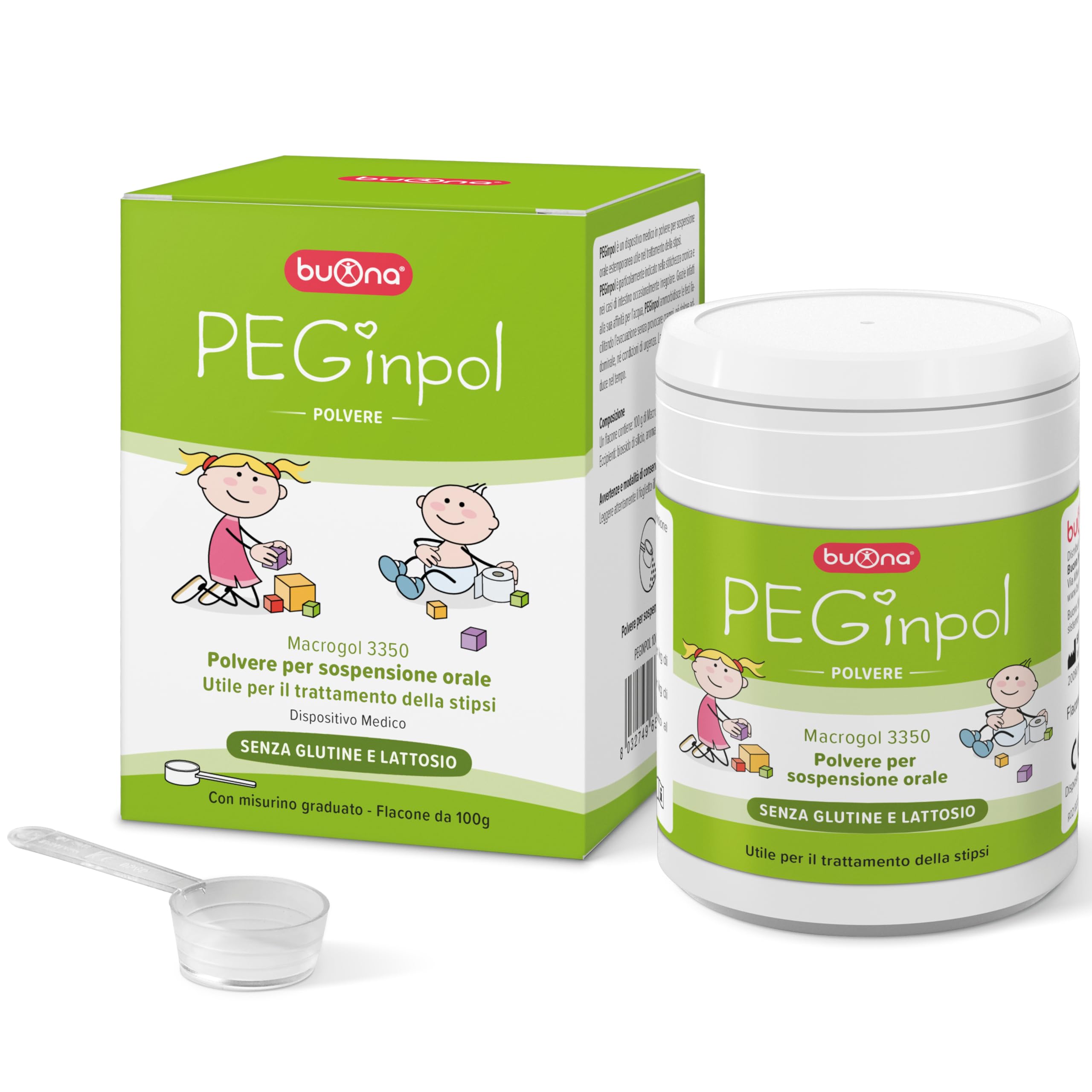 Buona PEGinpol Polvere per Sospensione Orale 100g Dispositivo Medico per Stipsi Azione Osmotica Naturale Regolarità Intestinale Bambini con Misurino Graduato Senza Glutine e Lattosio