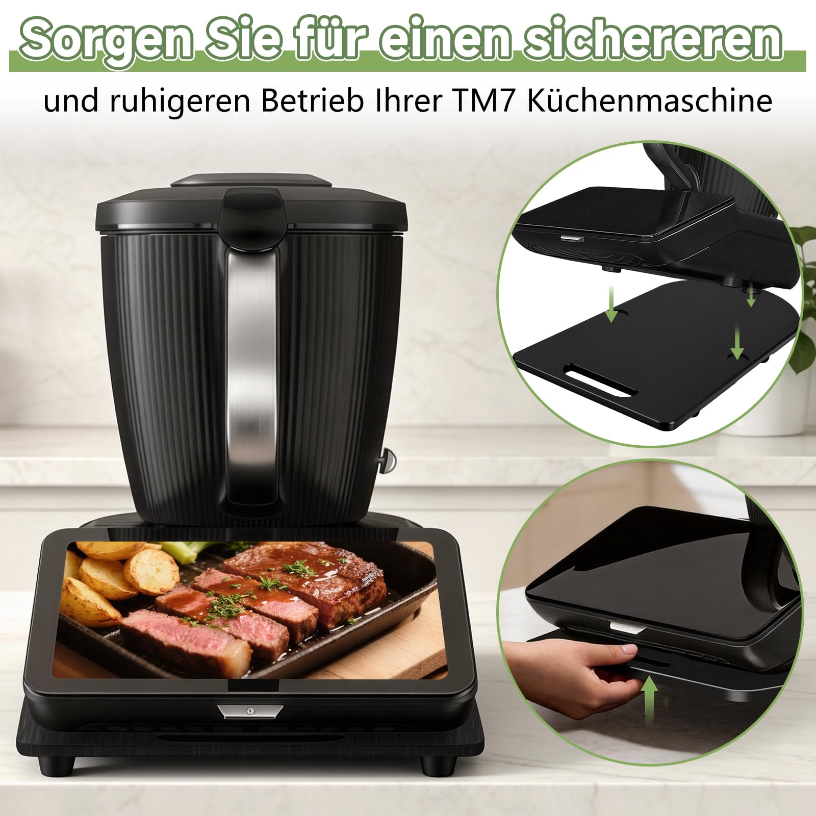 SelfTek Bambusowa deska ślizgowa do Thermomix TM7, akcesoria – drewniana deska ślizgowa kompatybilna z Thermomix TM7, rolki 360°, stalowe kulki i stabilne wycięcia, lekko przesuwająca się deska