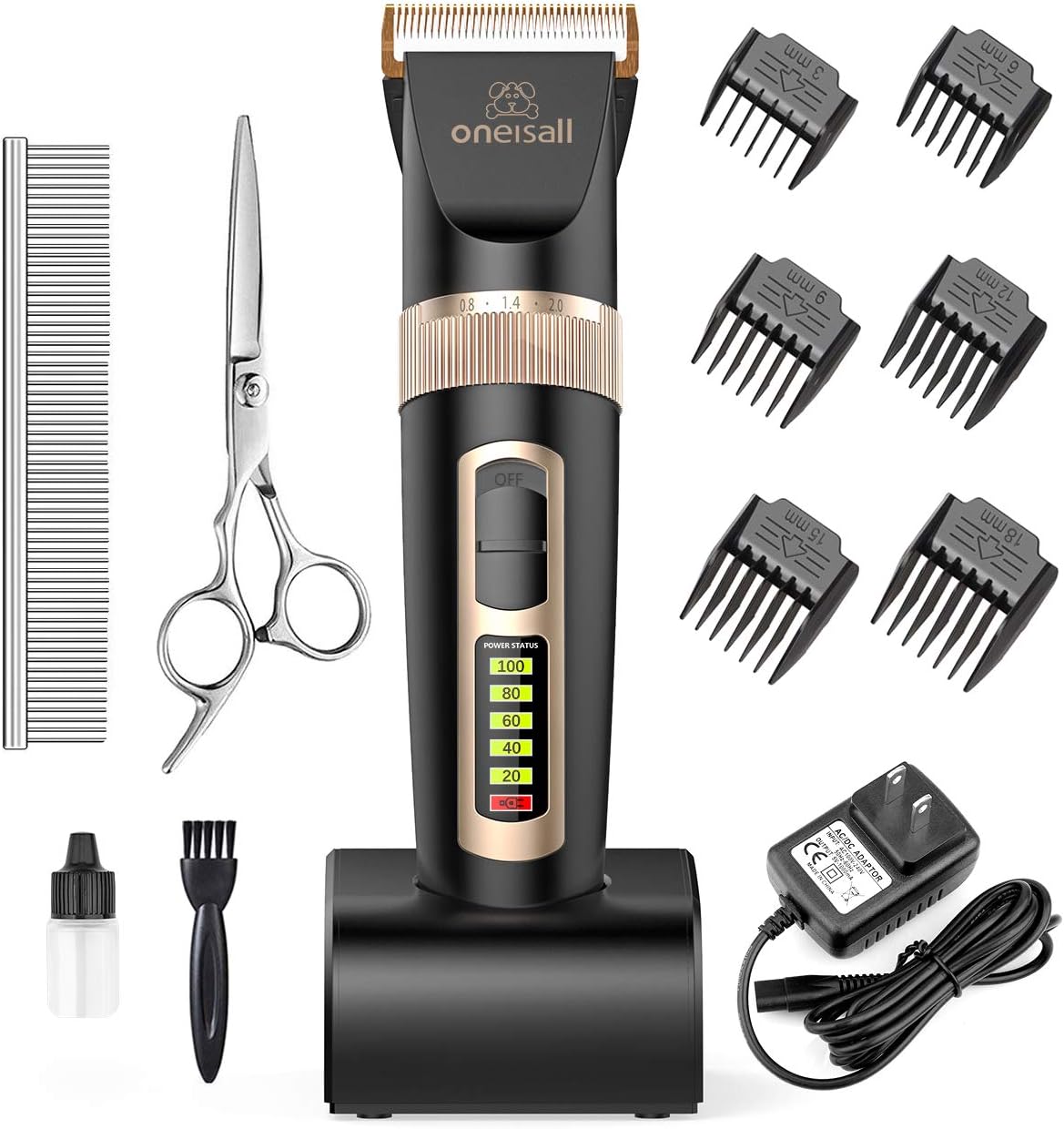 oneisall Dog Clippers Professional, 2-Speed Quiet Rechargeable Cordless Pet Grooming Hair Clippers Set for Small and Large Dogs Cats-Black
