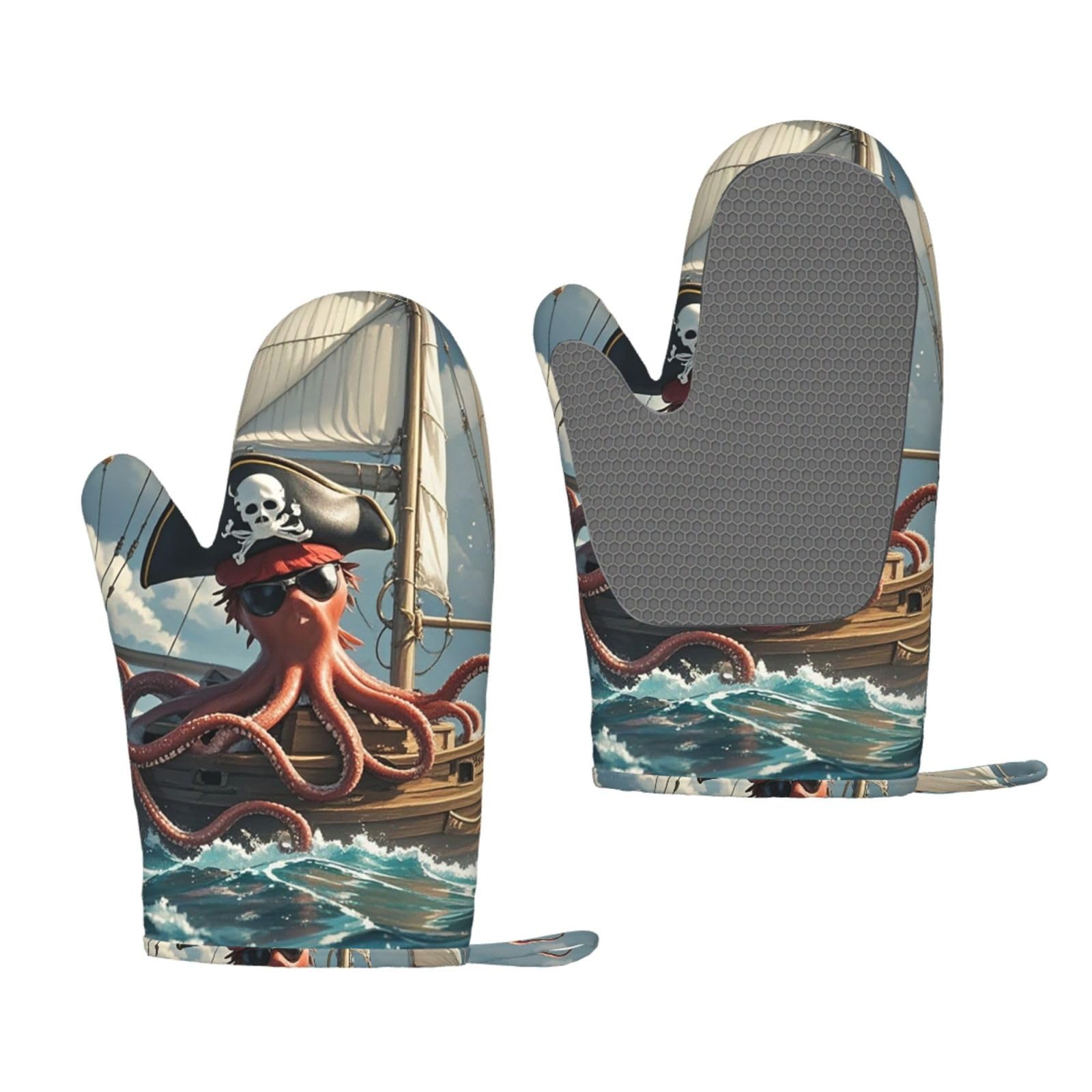 Oven Mitts Sets of 2 Heat Resistant Kitchen Gloves Sailing Pirate Octopus Oven Mitts BBQ Oven Gloves Non-Slip Silicone Oven Mitts Waterproof Cooking Safety Gloves for Kitchen Baking Cooking