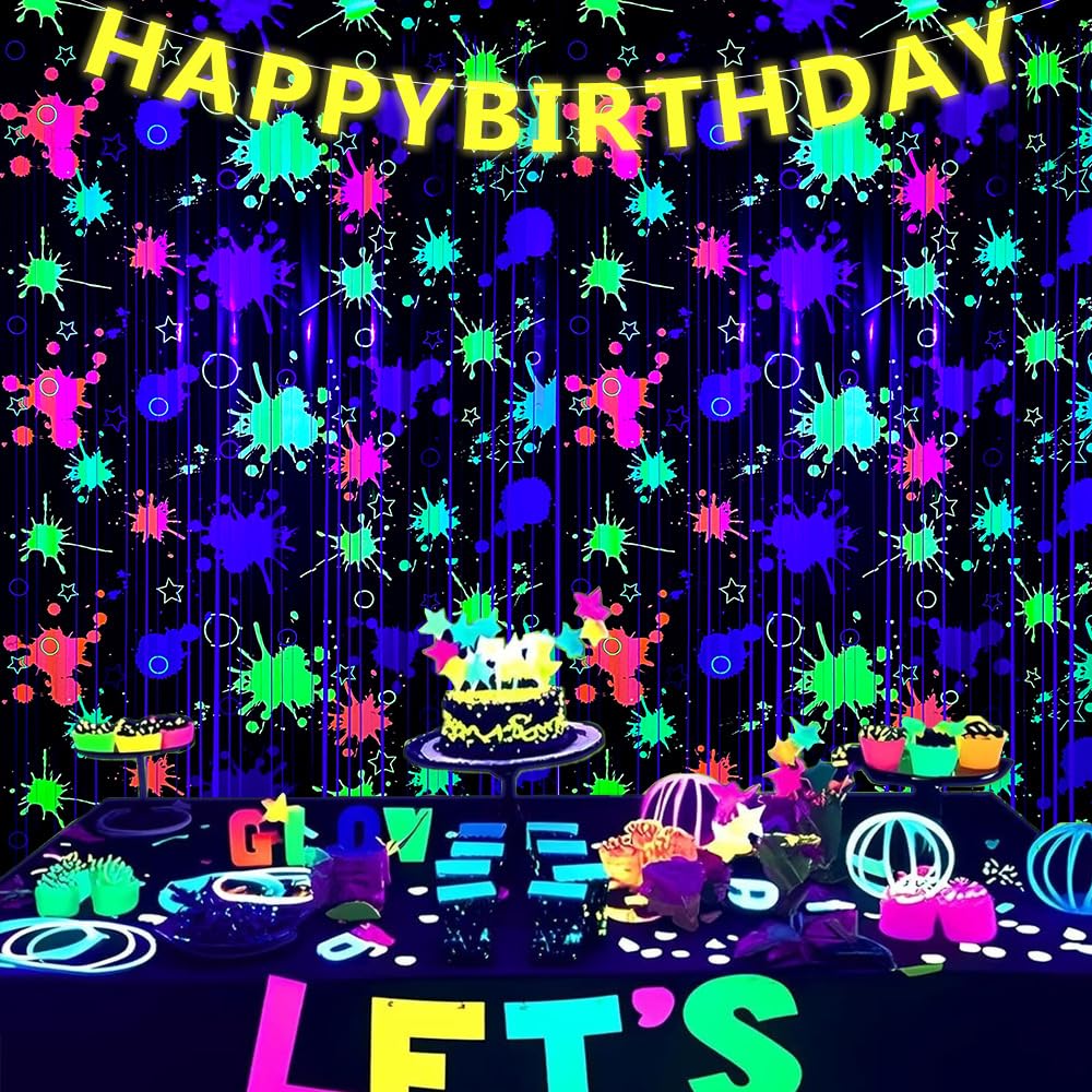 2 Pack Neon Glow in The Dark Foil Fringe Curtain, 3.3x6.6ft UV Blacklight Reactive Paint Splatter Tinsel Backdrop Curtain for Neon Party, Glow Party, UV Rave & Glow in The Dark Decorations