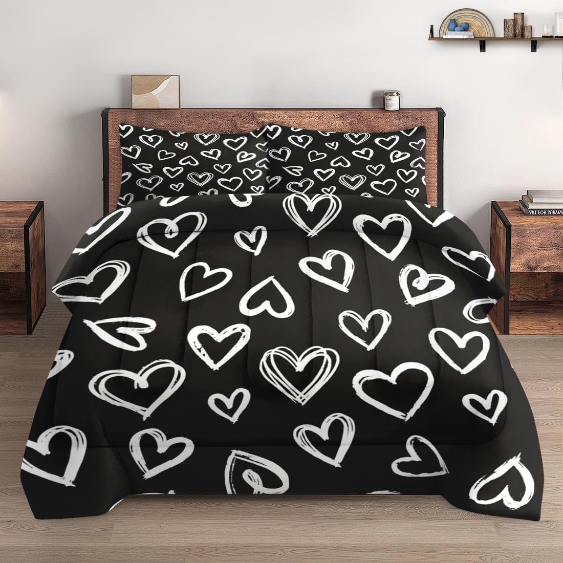 Pamnest Comforter Set Queen Size, Love Valentine Cute Soft 3 Pcs Bedding for Kids and Adults, Polka Heart Black White Comforter Set with 2 Pillowcases, for Bedroom Bed Decor