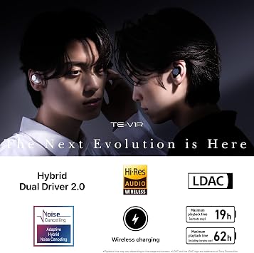 AVIOT TE-V1R Wireless Earbuds | Hybrid Dual Driver 2.0, LDAC Support, Up to 62-Hour Playback, Adaptive Hybrid Noise Canceling, Wireless Charging, IPX4 Water Resistance, Low Latency Mode (Black)