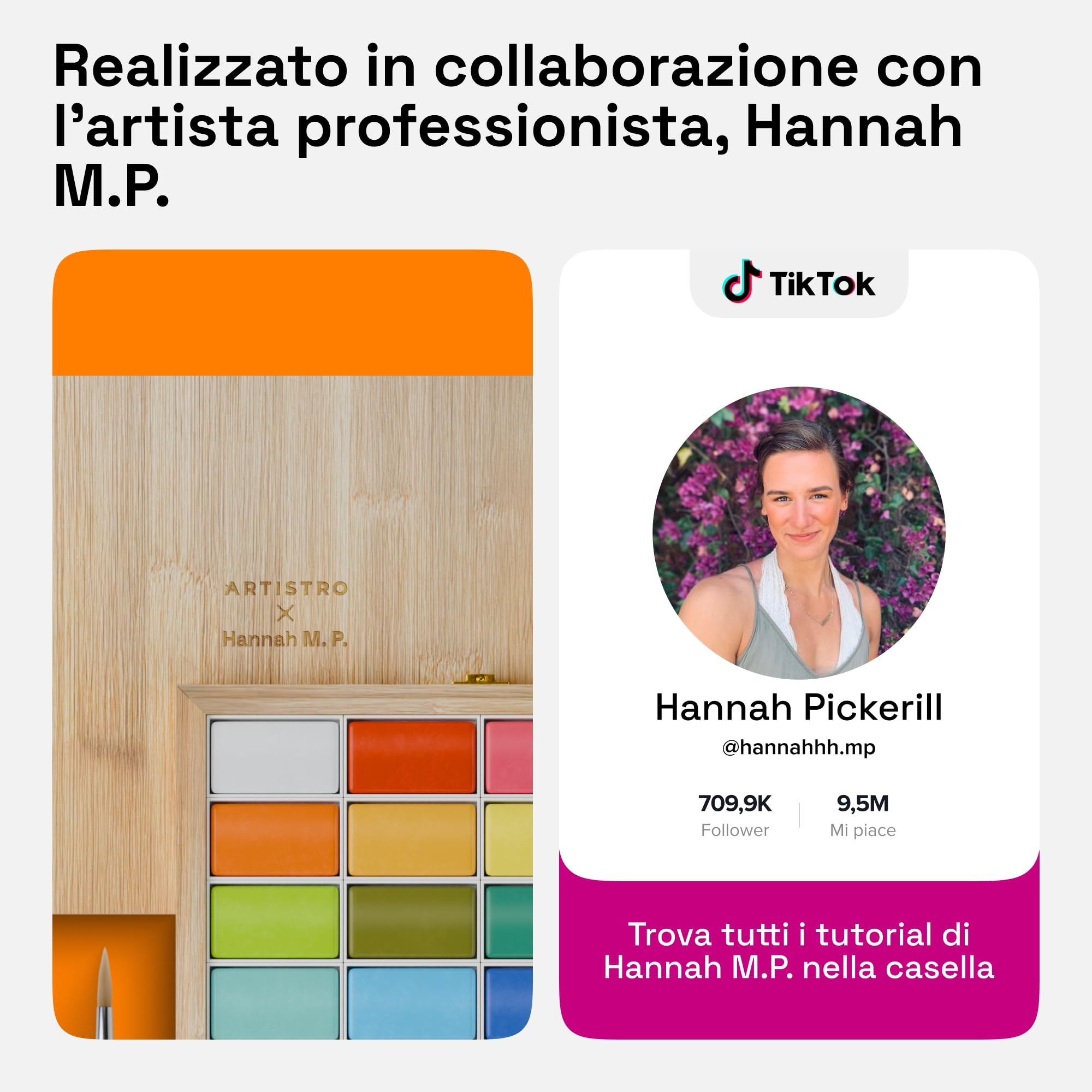 Artistro x HANNAH M.P Set di pittura ad acquerello in edizione limitata - 24 colori in scatola di legno di bambù (padelle XL da 6 ml) - 2 pennelli, carta per acquerello, vassoio di miscelazione - Set