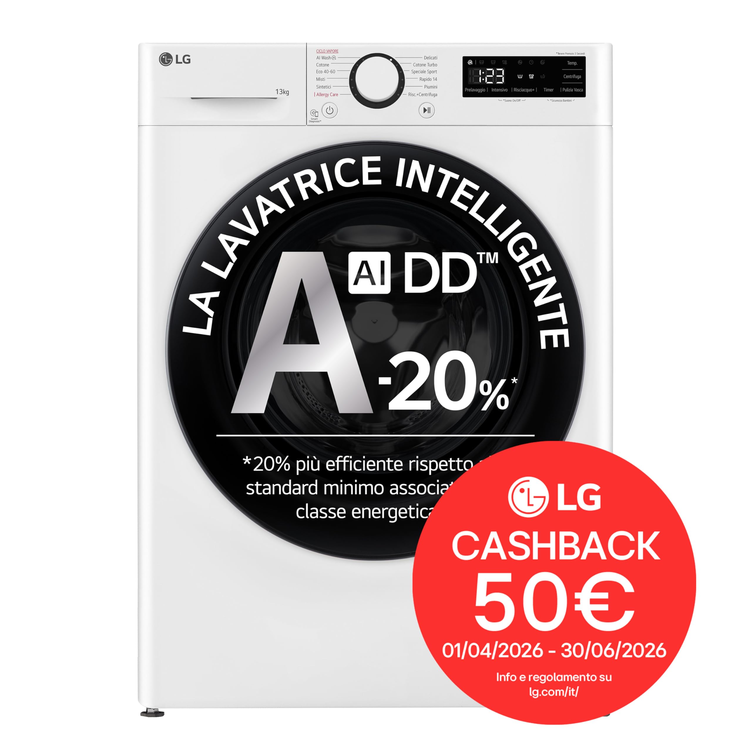 LG AI DD F4R3013NSWB Lavatrice a Carica Frontale 13kg Serie R3, Classe A-20%, 1400 giri, AIWash, Lavaggio a vapore, Motore Direct Drive, Cestello a bolle, Smart Diagnosis, Libera installazione, Bianca