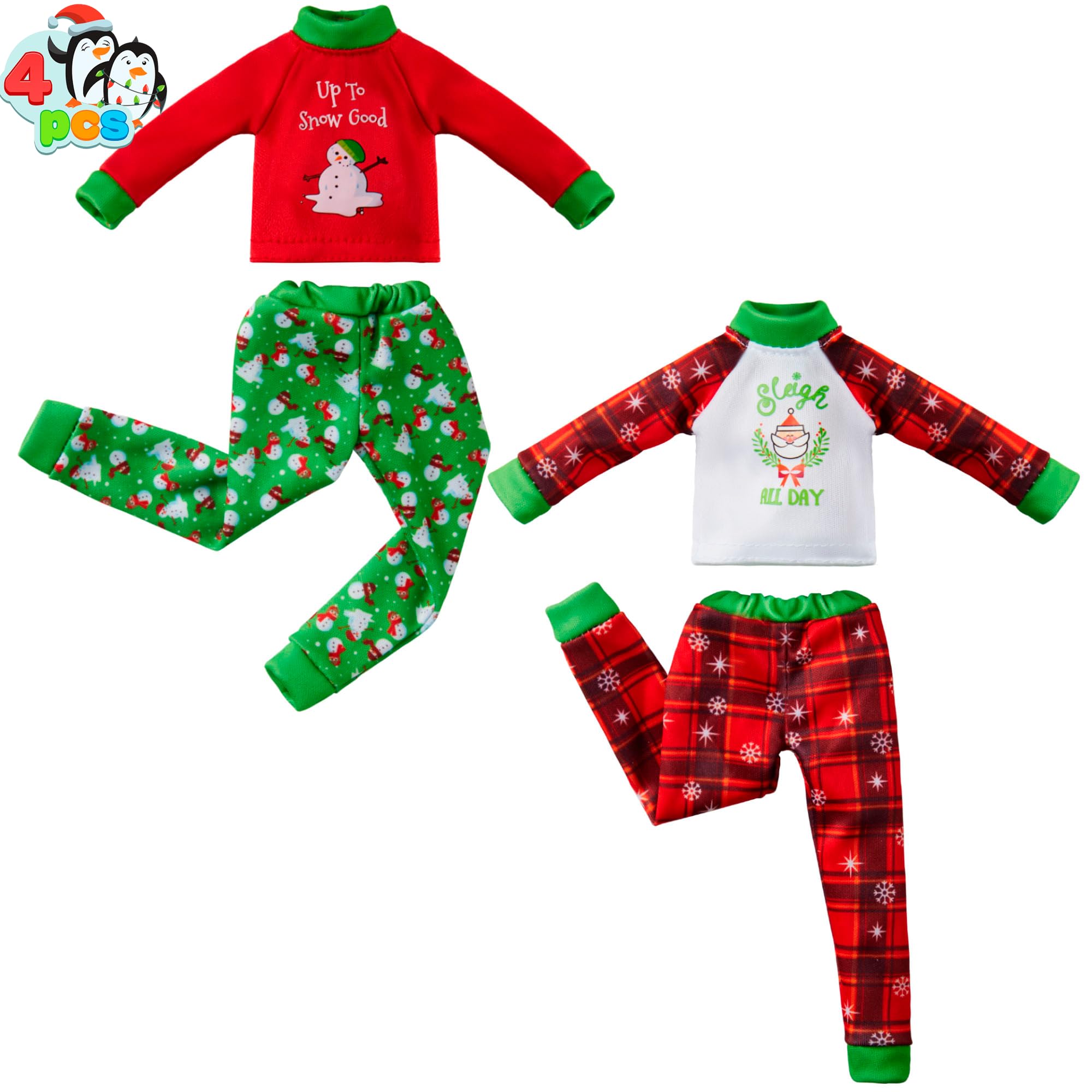 JOYIN Weihnachtselfen-Zubehör, hässliche Pullover für Puppe, Weihnachtsmann und Schneemann, klassischer Stil, Pyjama, Weihnachtspuppenkleidung, Weihnachtspullover für Puppe, Grün, Rot, 4 Stück