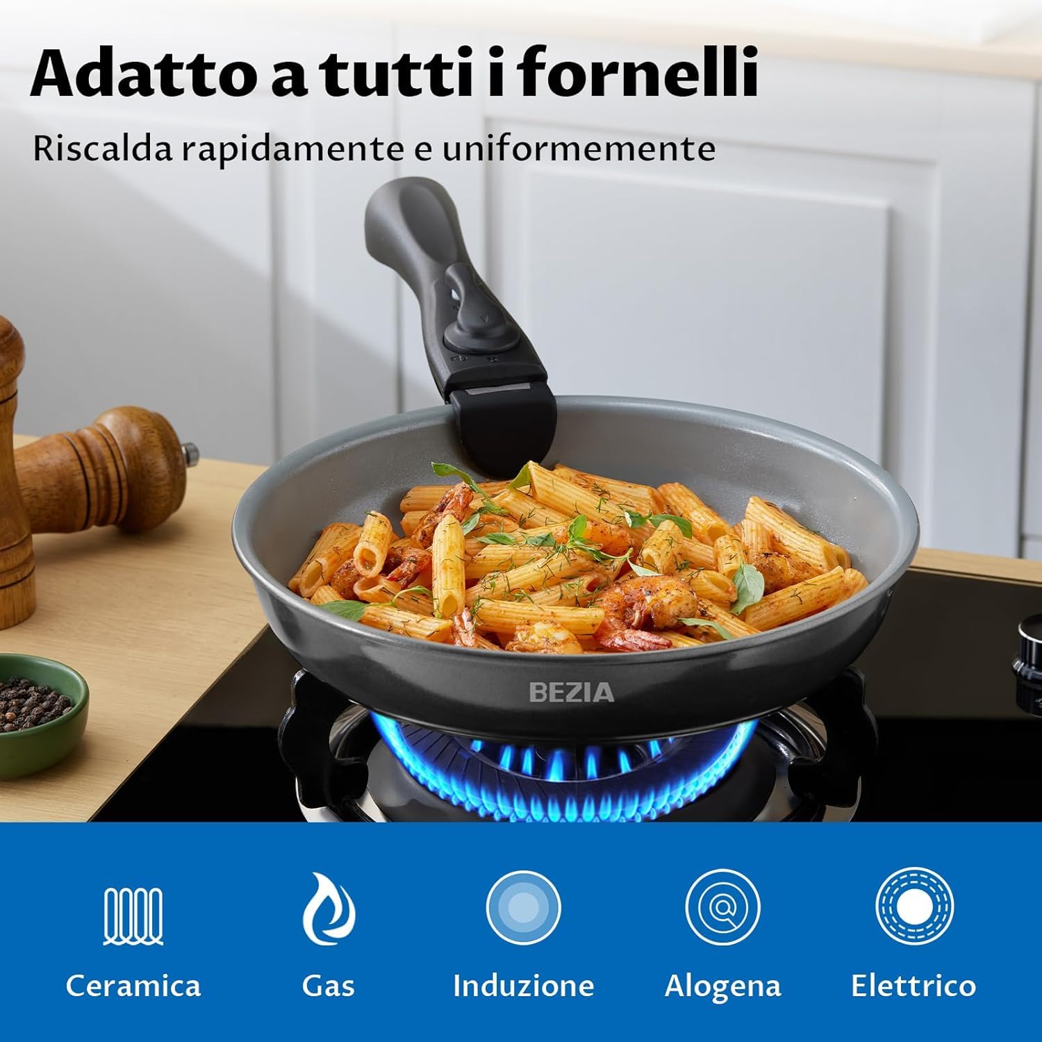 BEZIA Set pentole antiaderenti induzione con sano rivestimento in ceramica | Set pentole e padelle da 10 pezzi con manici staccabili, set da cucina per camper a induzione con manici rimovibili