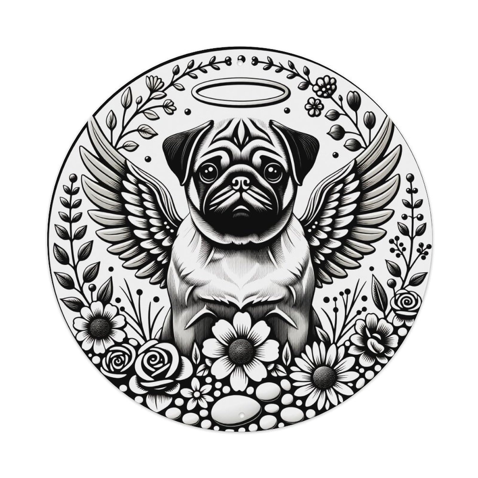 Angel Pug With Wings And Flowers Round Tin Sign Vintage Style Metal Sign Home Bar Garden Wall Plaque Decor Metal Poster 8x8 Inch