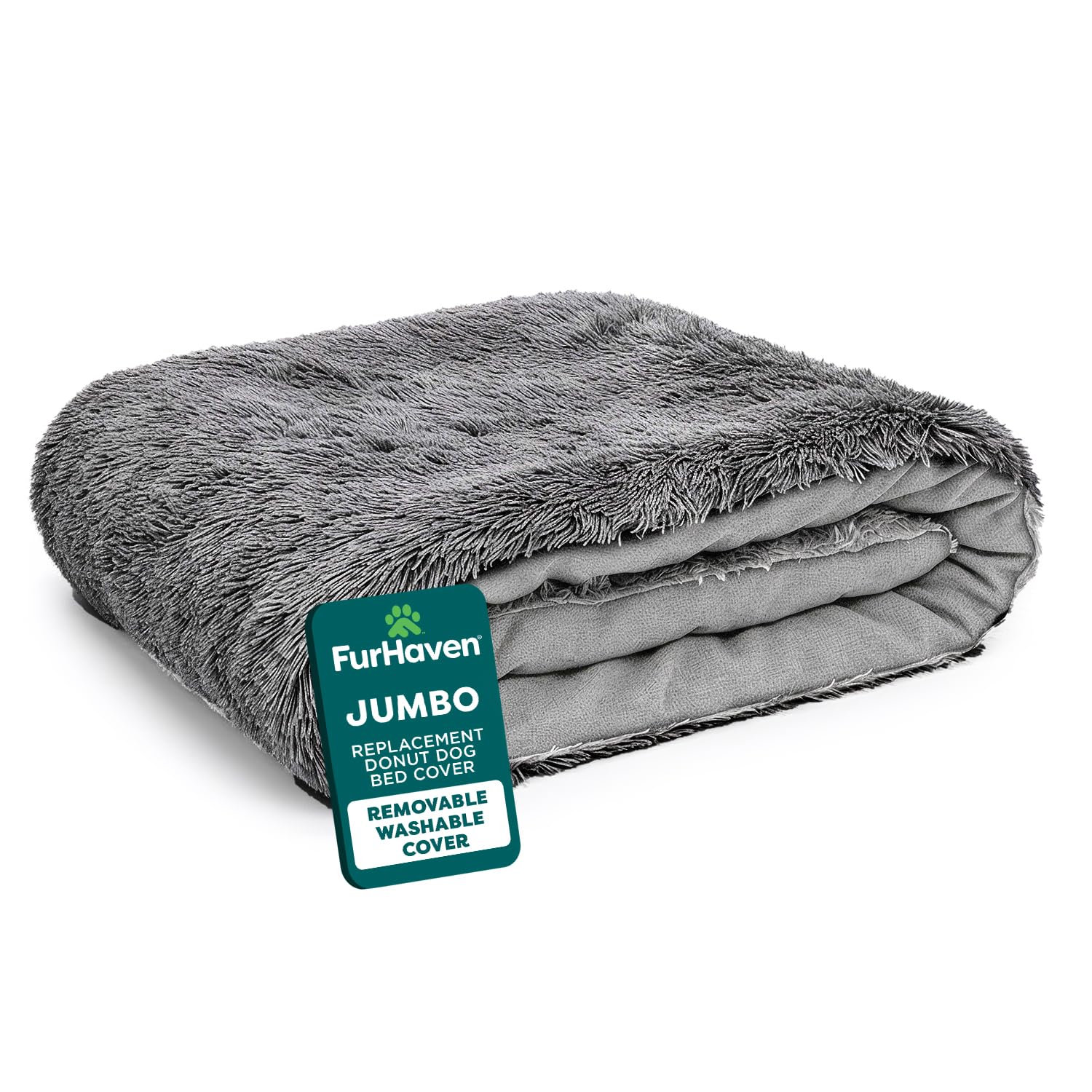 FurHaven Replacement Donut Dog Bed Cover Plush Long Faux Fur Calming Cuddler, Machine Washable - Gray, Jumbo (X-Large)
