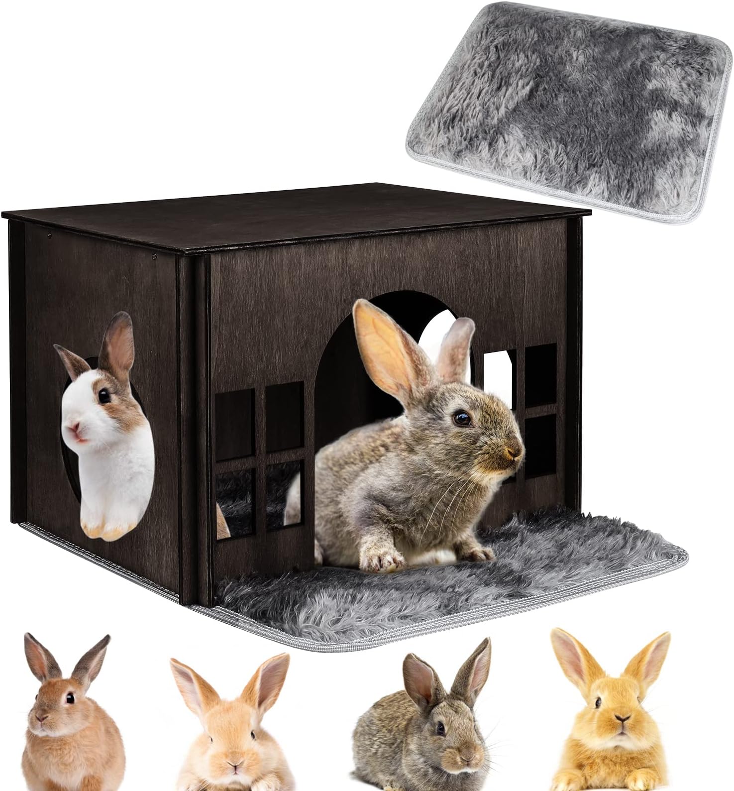 Wooden Rabbit Hideout House, Large Habitat for Bunnies Chinchilla, Hamsters and Guinea Pigs Hut to Hide - Walnut Color