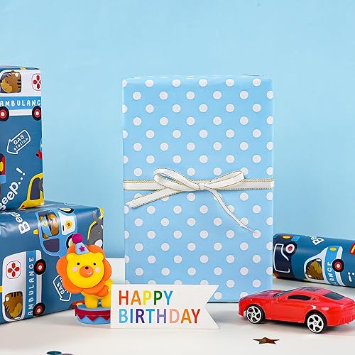 Vista 481 de WRAPAHOLIC Papel de regalo reversible, mini rollo, 17 pulgadas x 33 pies, adorable diseño de gato y azul sólido para cumpleaños, vacaciones