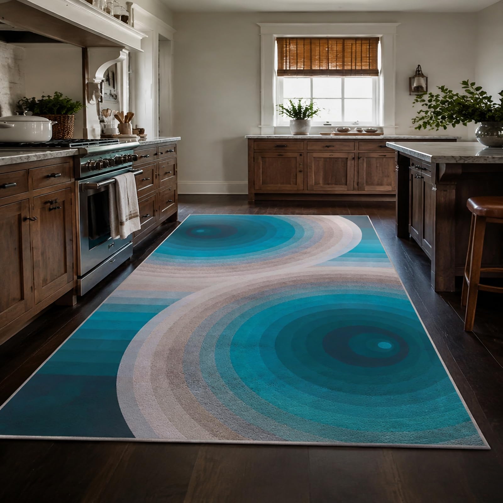 Grande tapis salon bleu beige gris noir abstrait géométrique 200x300