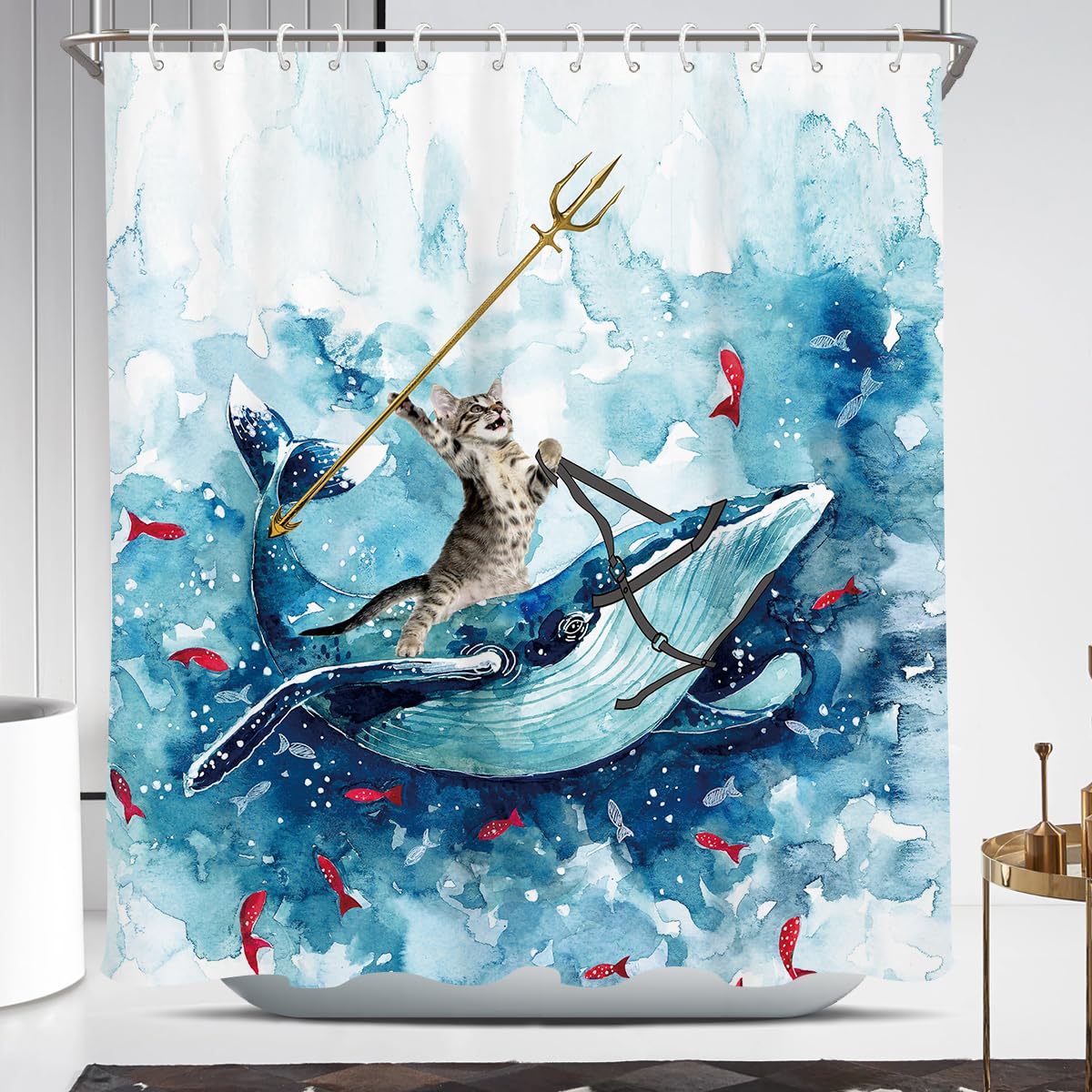 Coxila Funny Cat Shower Curtain Long Cute Fun Cool Riding Whale Ocean Wave Anime Kids Beach Nautica Theme Sea Fish Hilarious Bathroom 72 x 72 Inch