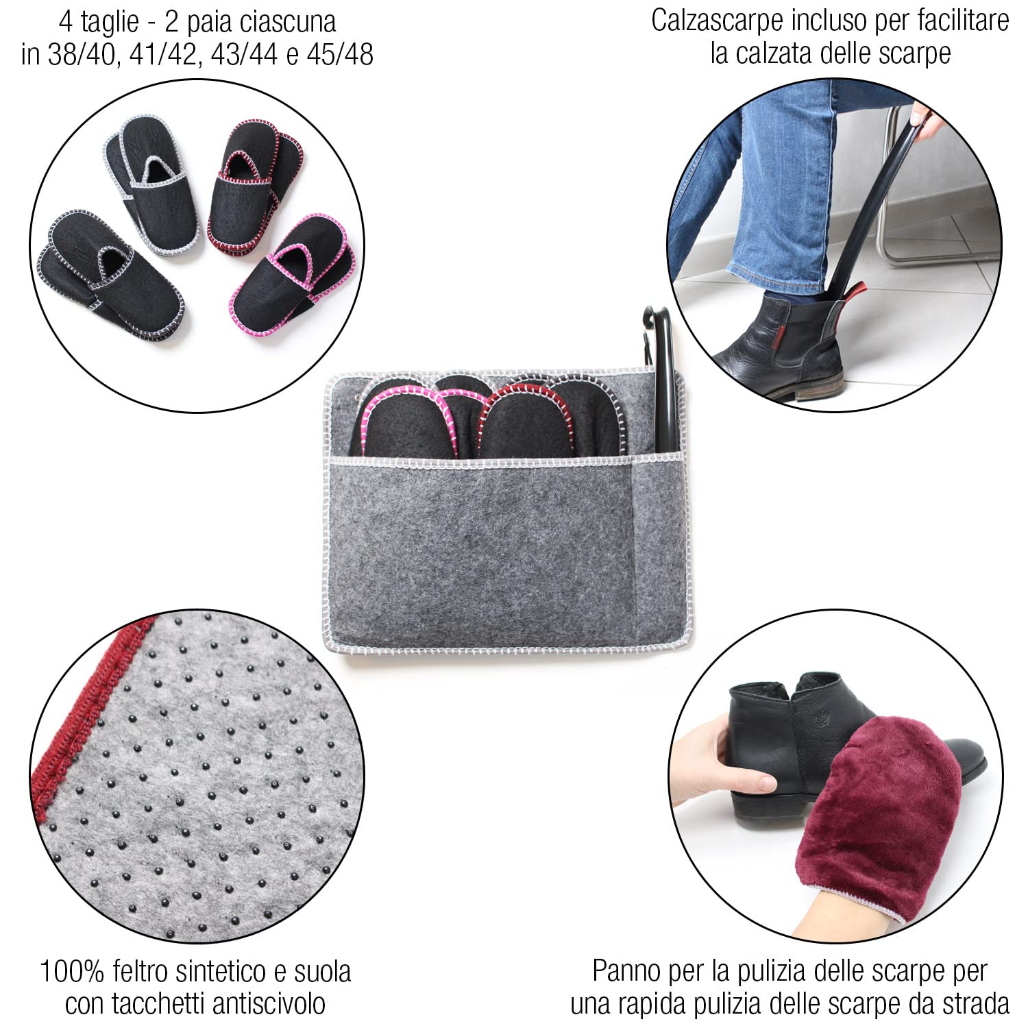 Amazy Set di 8 Paia di Pantofole per Ospiti in Feltro con Suola Antiscivolo - Incluse Borsa Portaoggetti, Calzascarpe e Panno - Pantofole Unisex per Uomo e Donna in Diverse Misure da 38 a 48