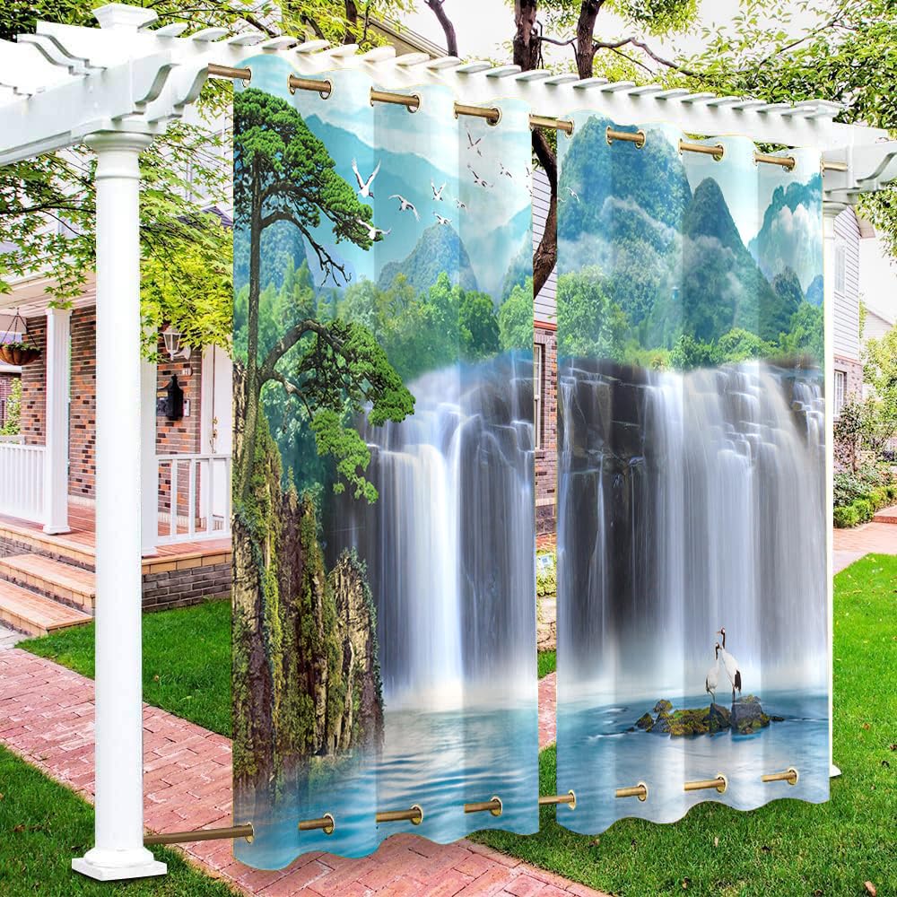 Hiseng Outdoor Curtains Waterproof for Garden Pergola Gazebo Patio, 3D 2 Panels Windproof Blackout Privacy Gazebo Curtains with Grommets on Top and Bottom -Waterfall Printed (White Bird,101x213cm)
