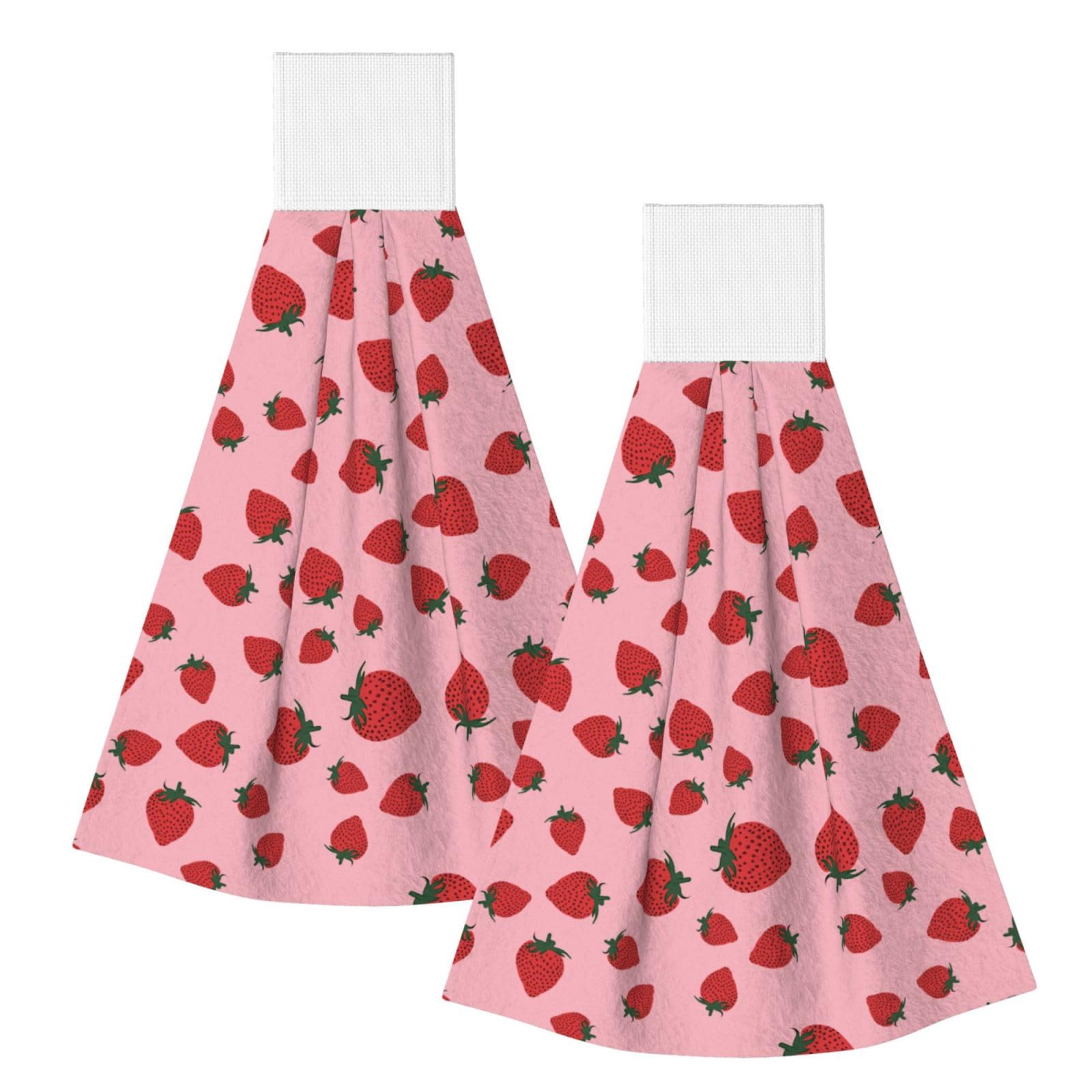 DOPKLNA Strawberry Fruits Pattern, 2 Pcs Hanging Coral Fiber Hand Towels for Bathroom, Absorbent Kitchen Towels