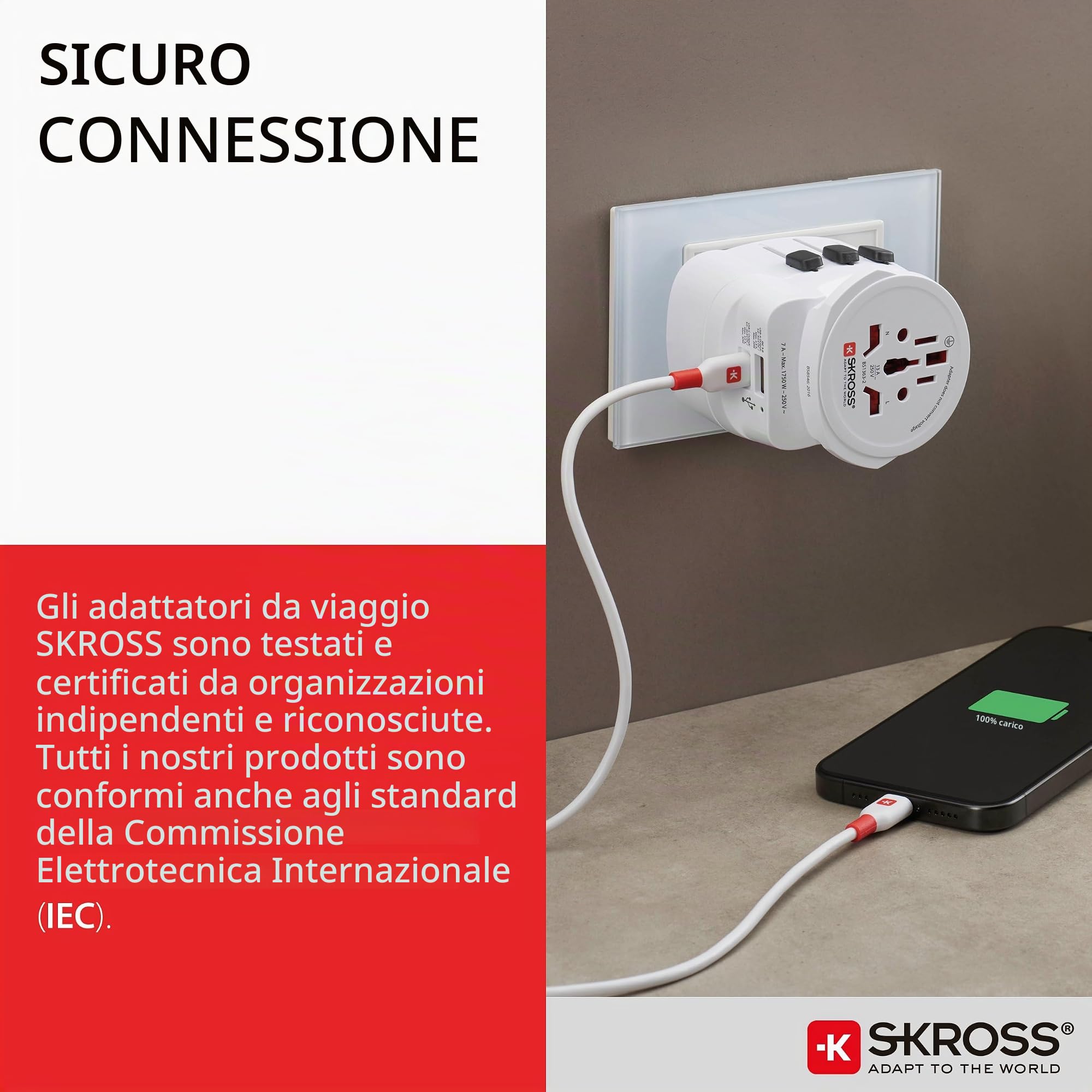 SKROSS - Adattatore da viaggio - World to Europe - con spina di terra (senza Svizzera e Italia) + 2xUSB 2400 mA