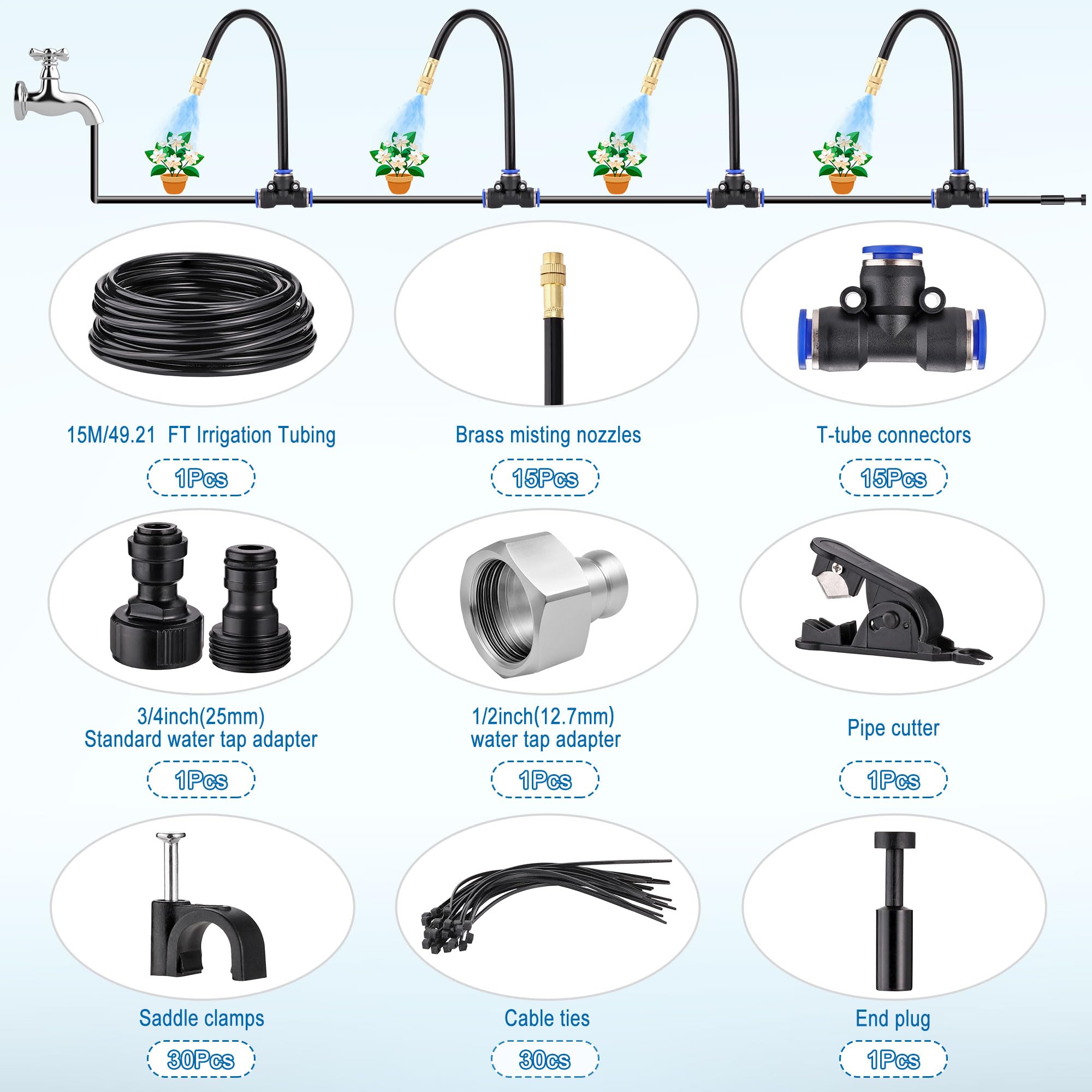 Bewässerungssystem 15m Nebelleitung, 15 verstellbaren Sprühdüsen, 3/4" & 1/2" Adapter，Outdoor Nebelkühlsystem für Garten Terrasse Balkon