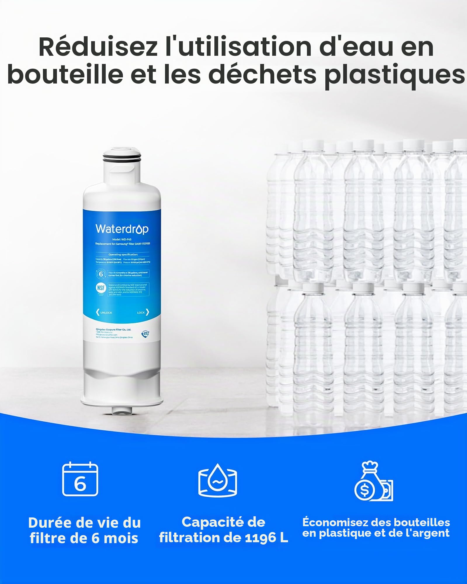 Waterdrop Filtre Frigo Compatible avec Samsung® DA97-17376B, 3 Pack | Compatible avec Samsung® HAF-Qin/EXP Réfrigérateur, DA97-17376B, HAF-Qin, DA97-08006C, Réduction des PFAS, PFOA/PFOS